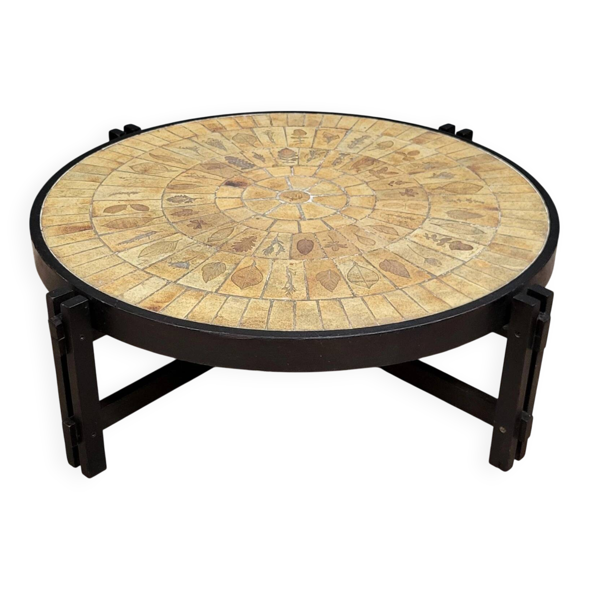 Roger Capron: large round ceramic coffee table with wooden structure