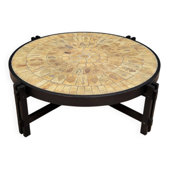 Roger Capron: large round ceramic coffee table with wooden structure