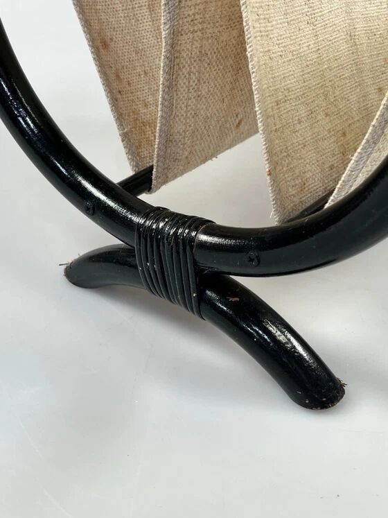 Vintage Round Magazine Rack / Reading Basket, Black Rattan, 1970's