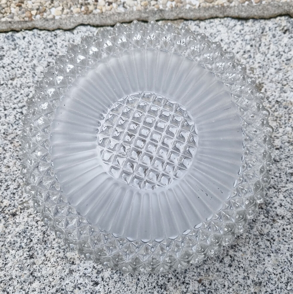 Round and high ceiling lamp, glass from the 50s, vintage.