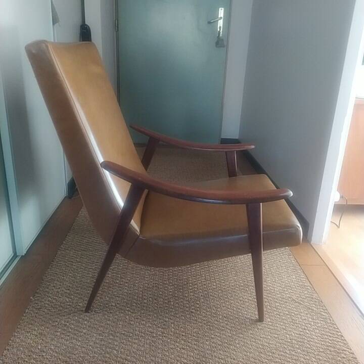 Vintage Boomerang armchair 1950 brown imitation leather