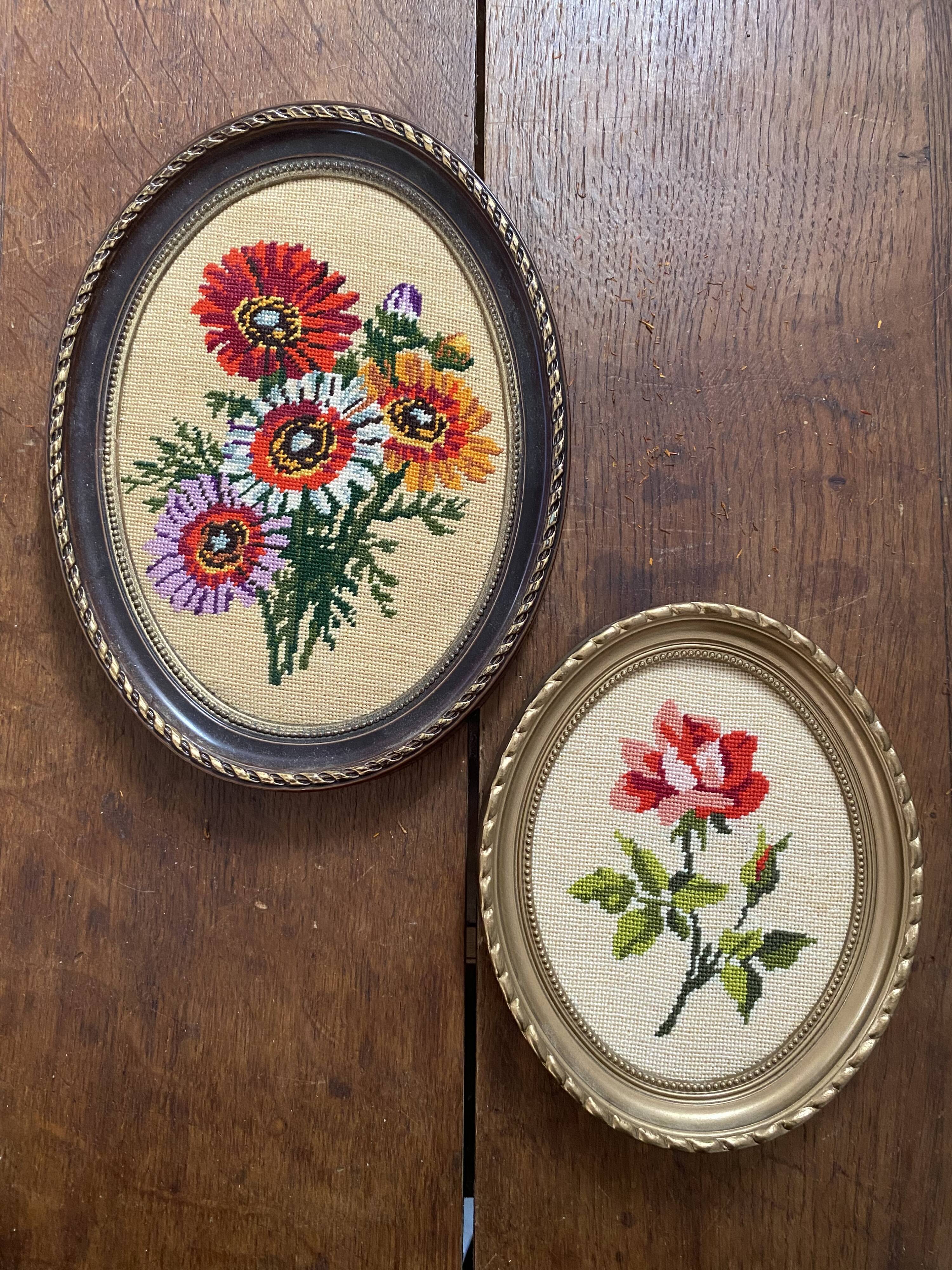 2 oval frames vintage floral embroidery