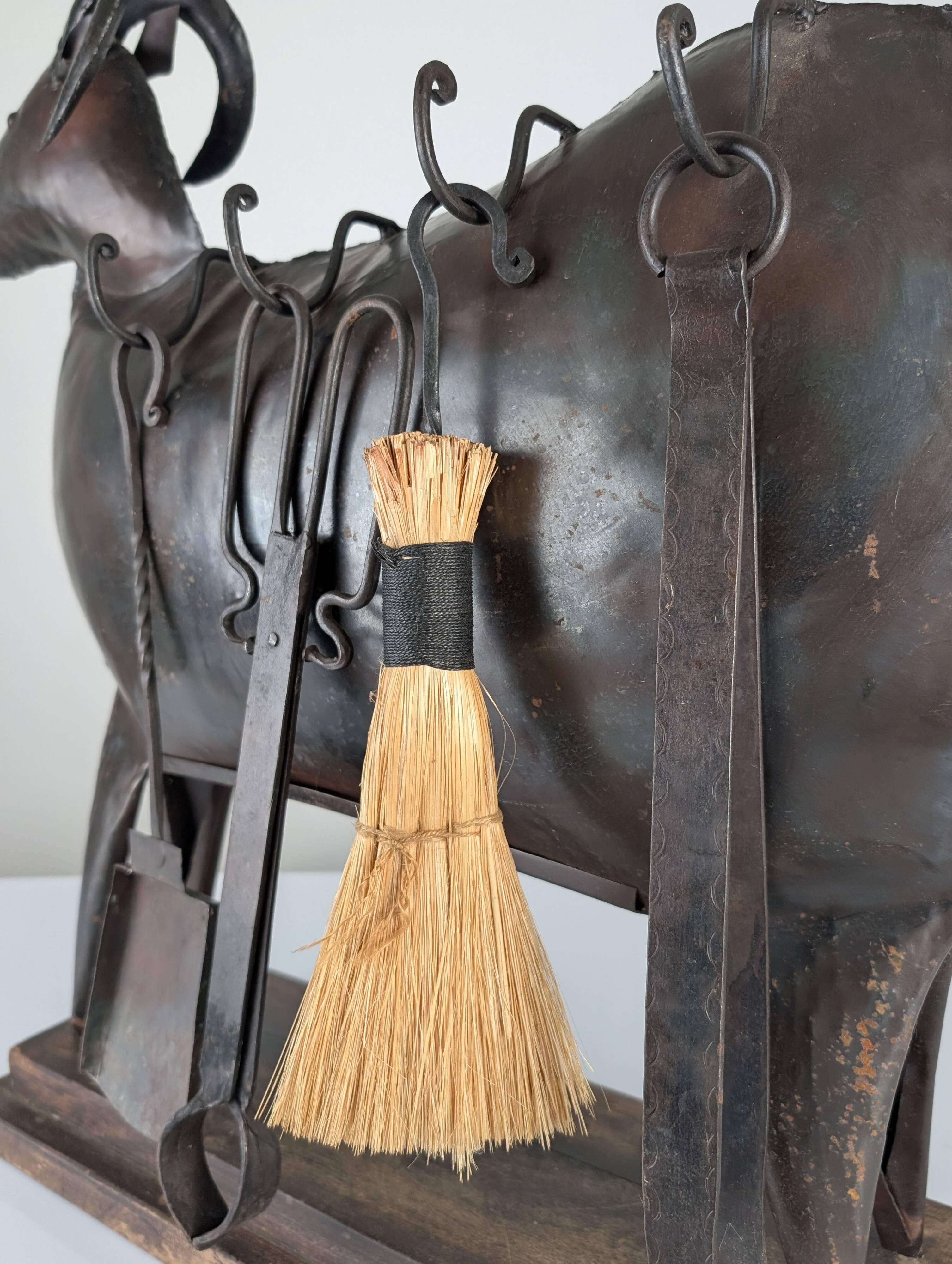 Brutalist Ram Shaped Fireplace Tool Set in Hand Forged Metal