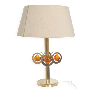 Brass table lamp with amber glass ornaments ca 1970