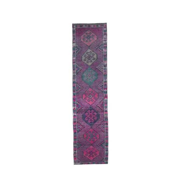 Vintage Purple Pink Natural Turkish Hand-Knotted Runner 82x355