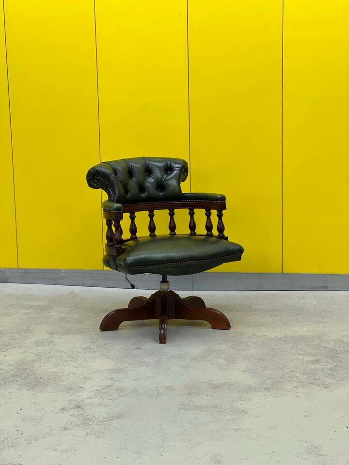 Chesterfield Revolving Captain's Chair with Green Leather Upholstery