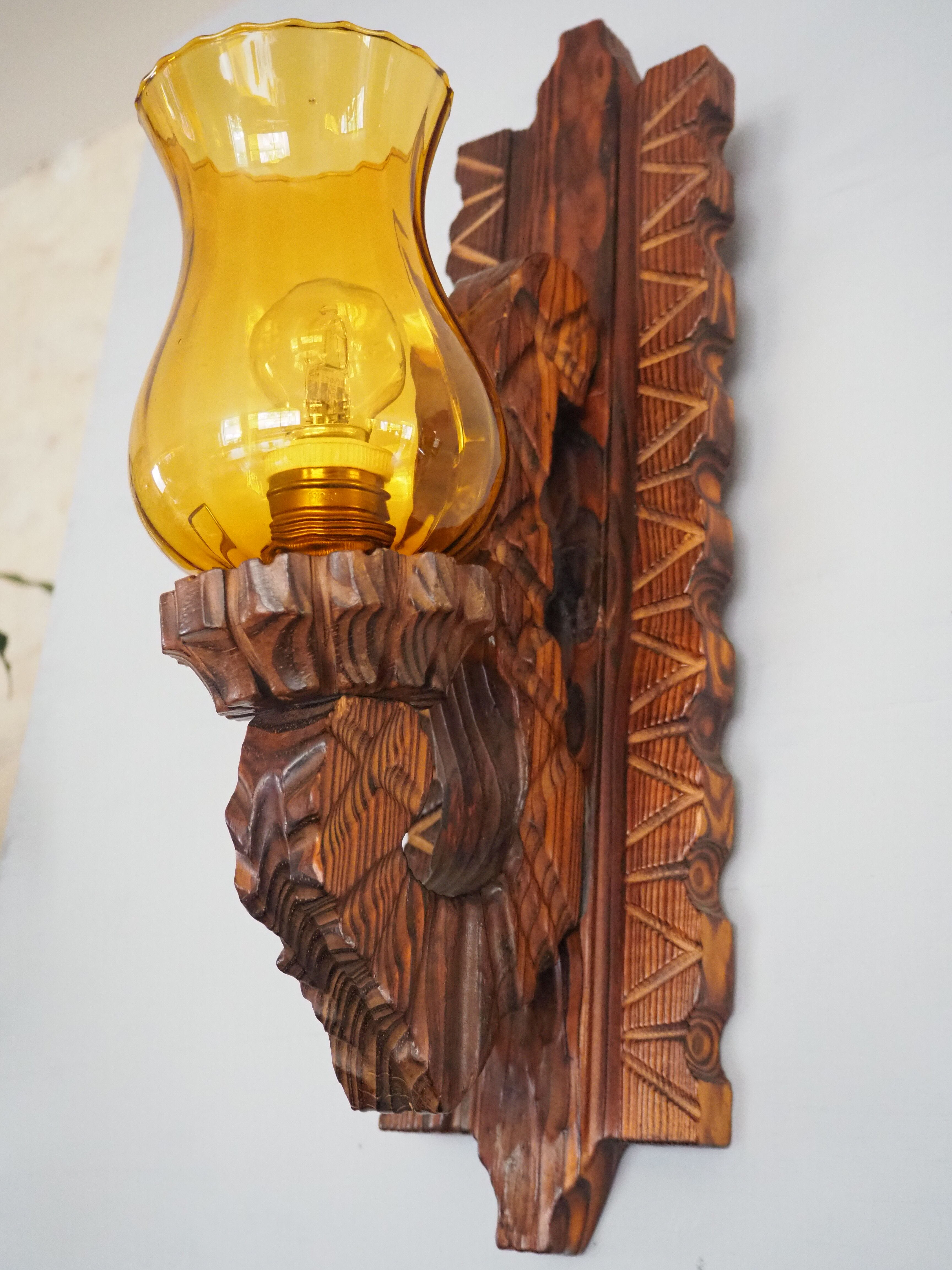 Wall sconce wooden and yellow glass tulip globe