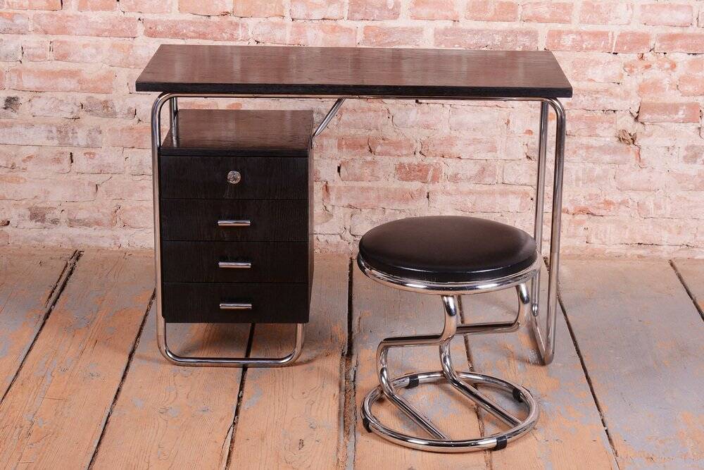 Bauhaus Writing Desk in Oak and Chromed Steel by Robert Slezák, Czech, 1930s