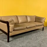 Danish vintage 3 seater tan leather sofa, 1960s