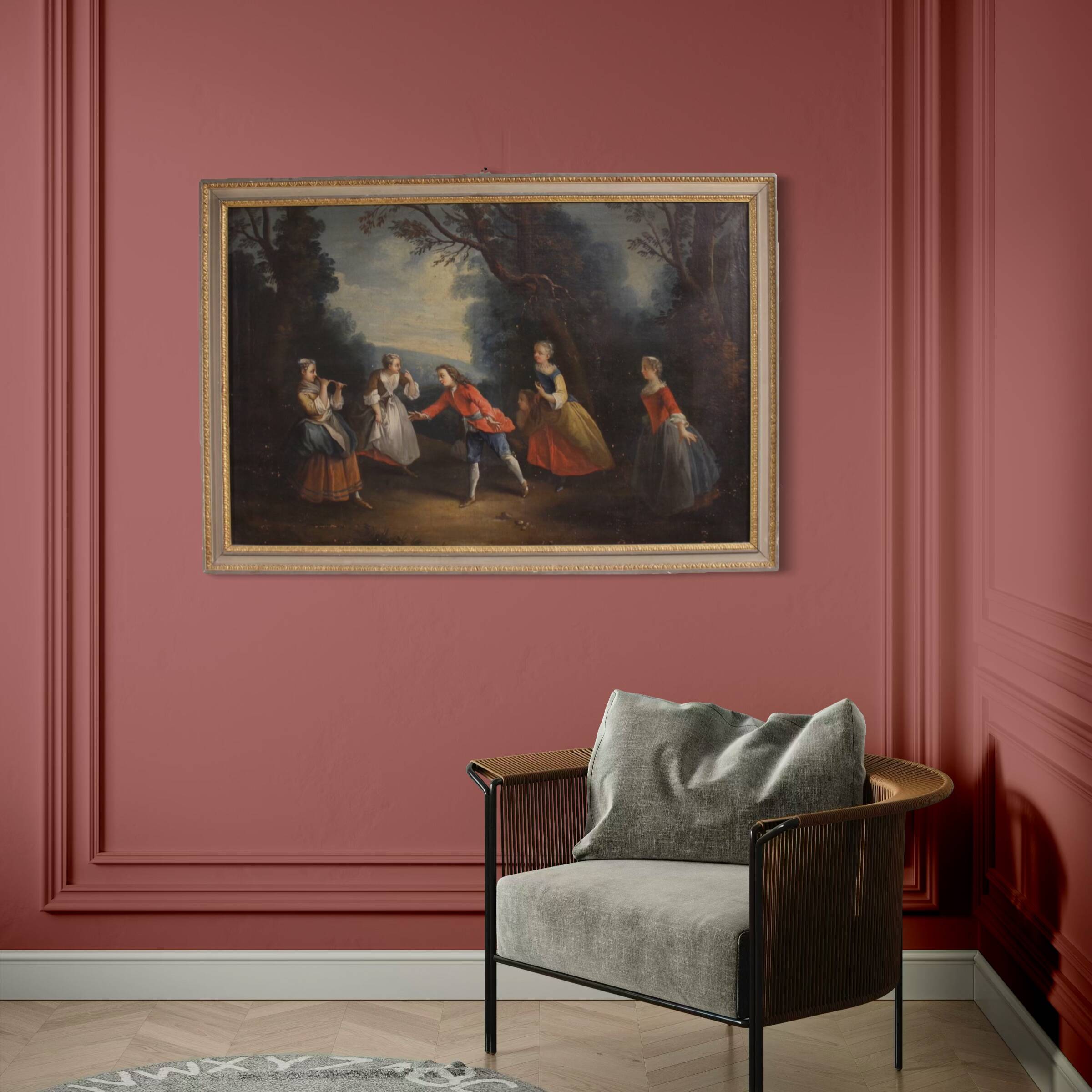 Antique French painting of children playing from the 18th century