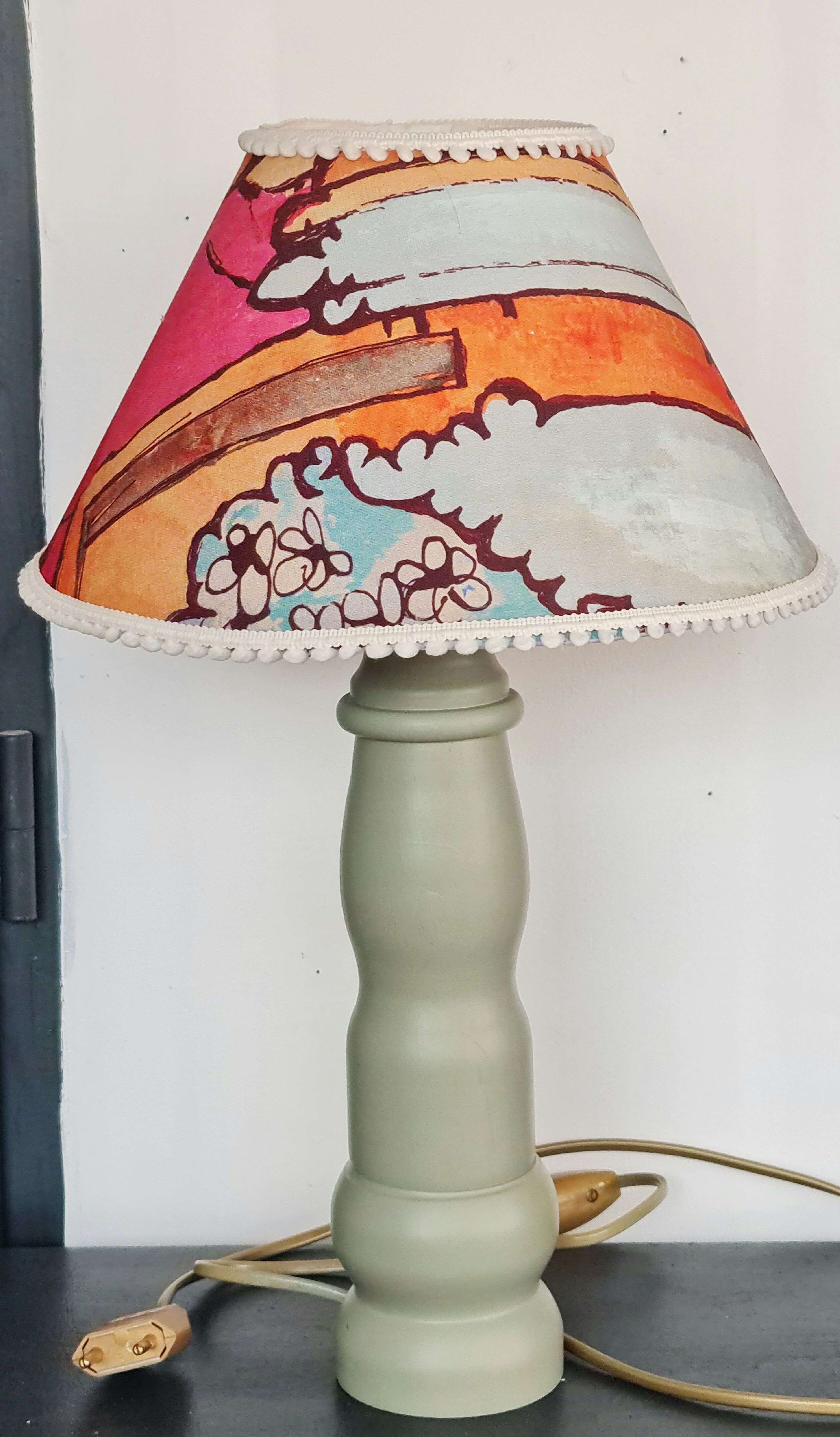 Wooden lamp foot made by cabinetmaker and abbat day fabrics Lalie Design