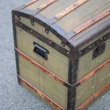 Antique trunk made of burlap and iron, storage suitcase