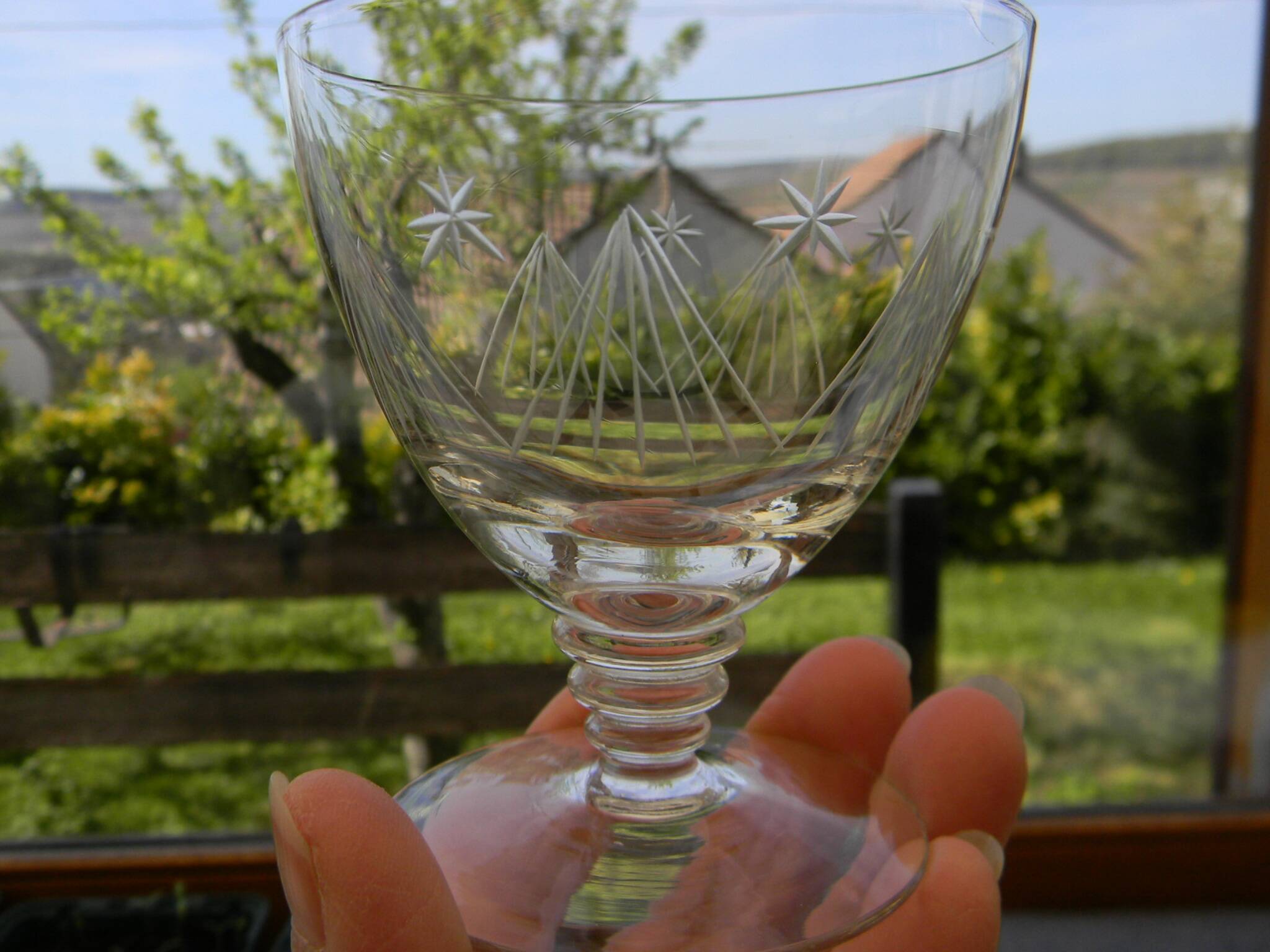 6 Art Deco engraved wine glasses, Meisenthal glassware