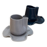 Set of cups mugs water lily ceramic handmade pop blue gray