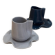 Set of ceramic artisan mugs with blue-grey pop water lily design.