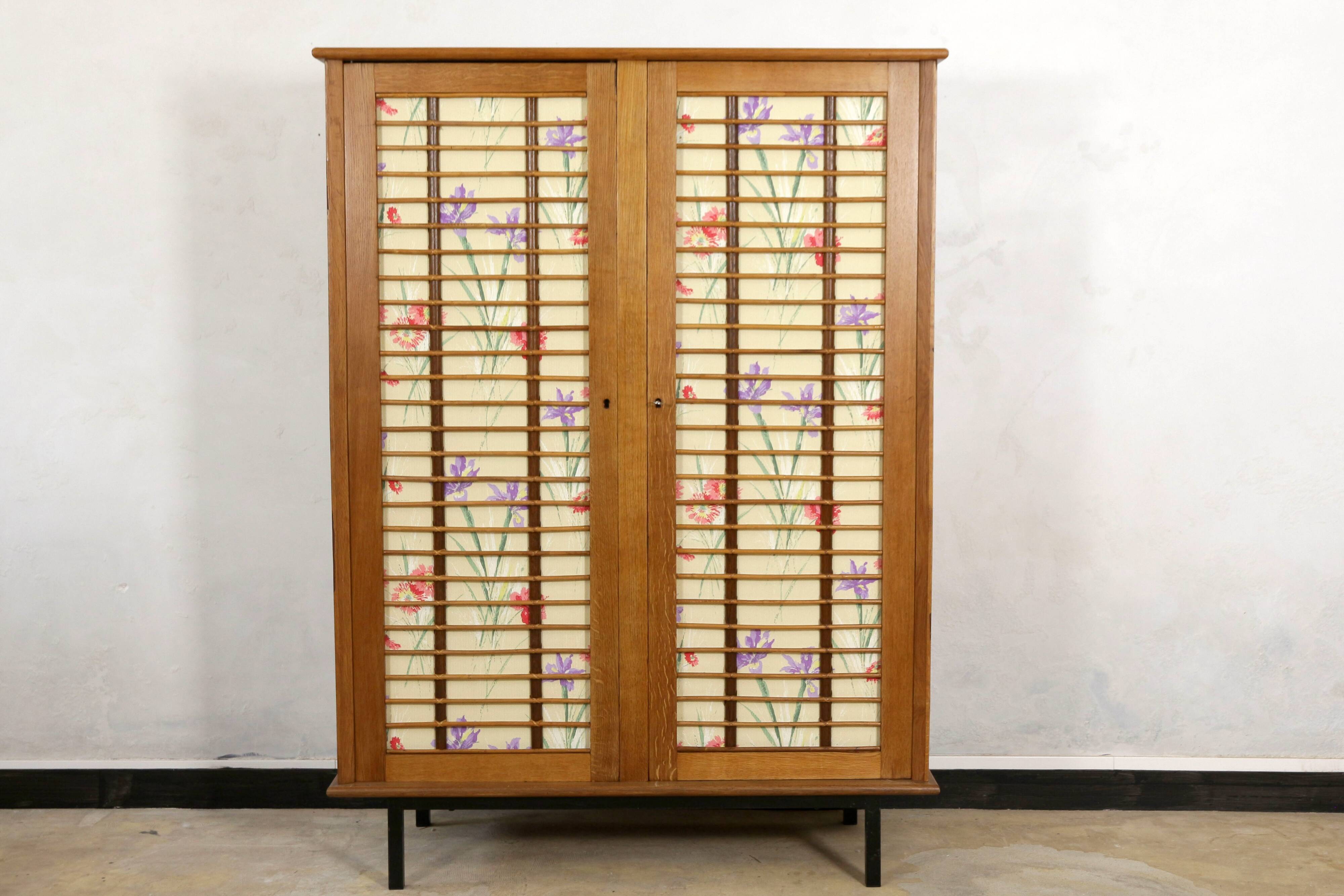Vintage 1960 removable rattan and oak cabinet