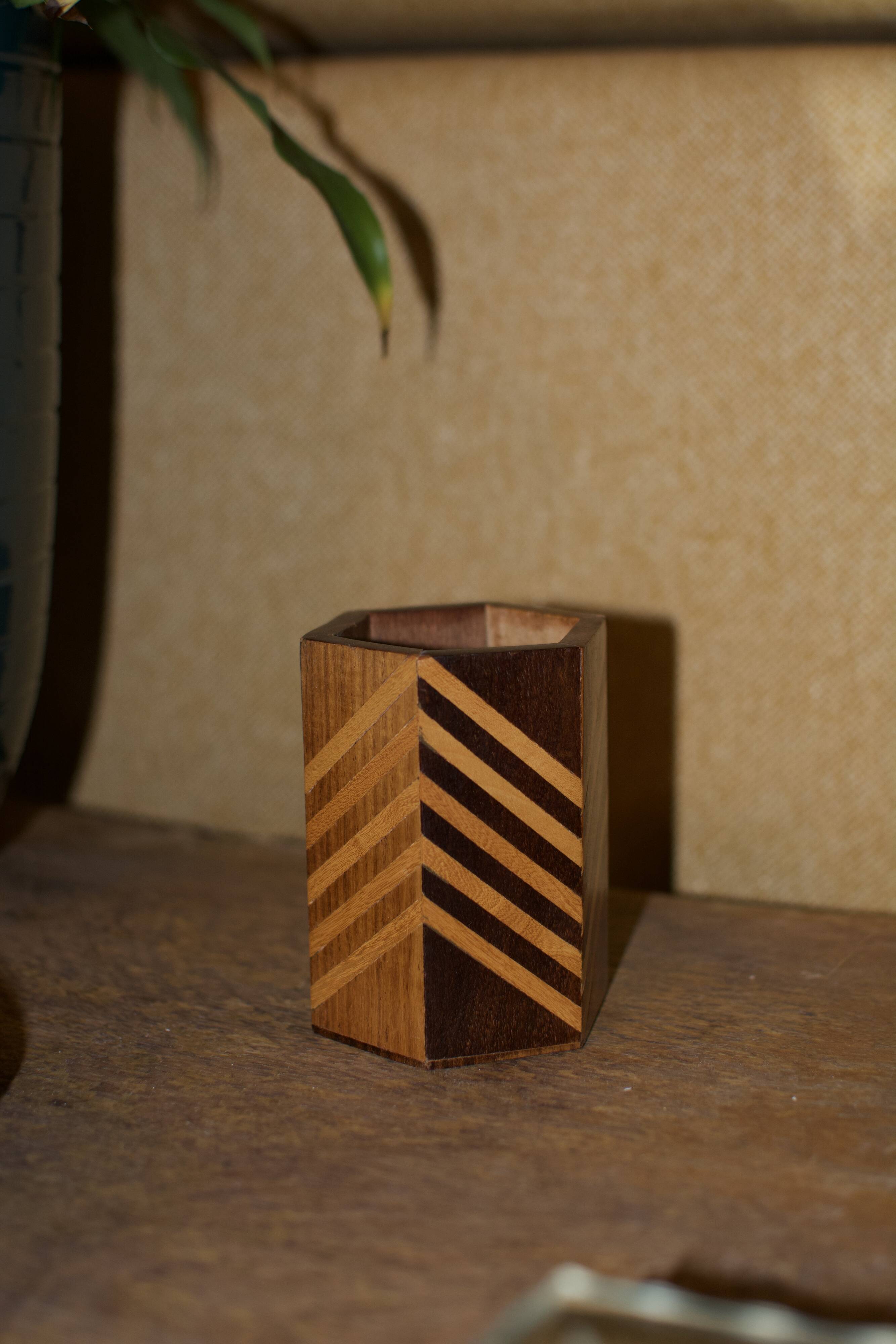 Vintage marquetry pencil pot