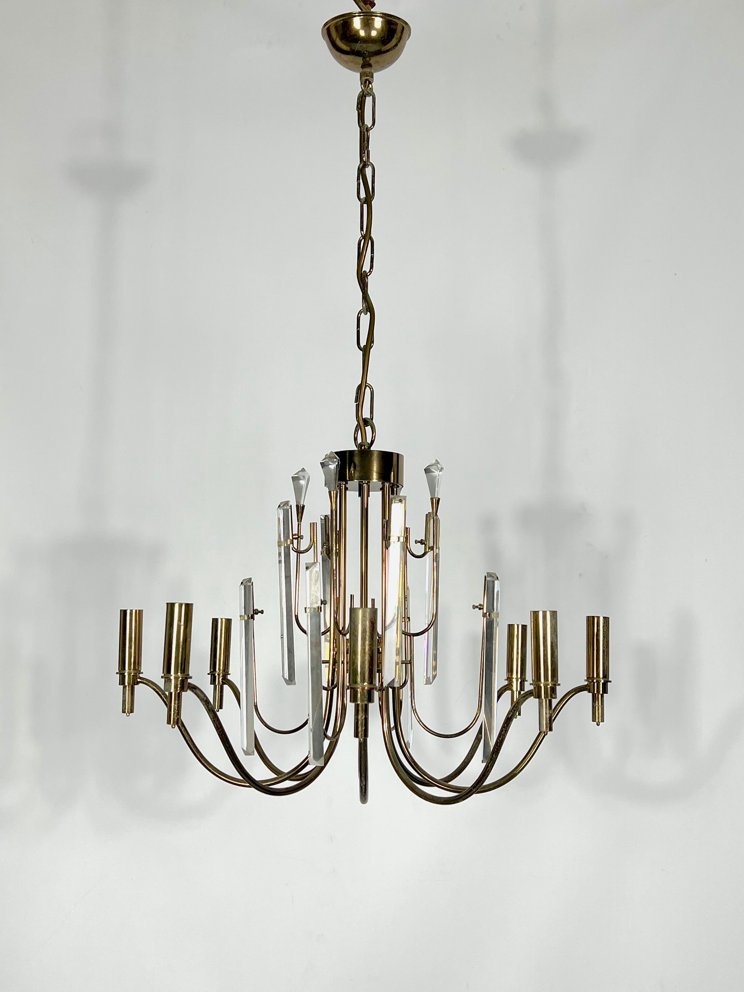 Vintage brass and glass Stilkronen chandelier, Italy 1970s