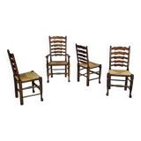 4 chaises à dossier échelle / 1 accoudoir / avec coussins en jonc