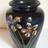 Old enameled earthenware vase with daffodils early 20th century