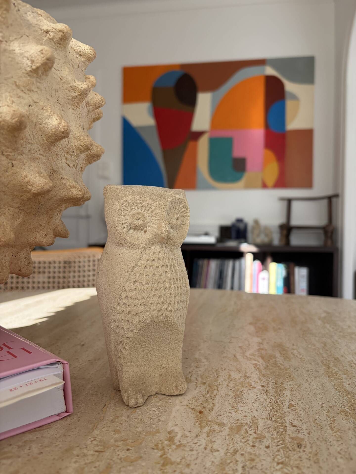 Owl sculpture in stone from the year 1970.