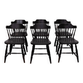 ensemble de 6 chaises de salle à manger en bois noir de style Windsor avec dossier à épingles. Hollande