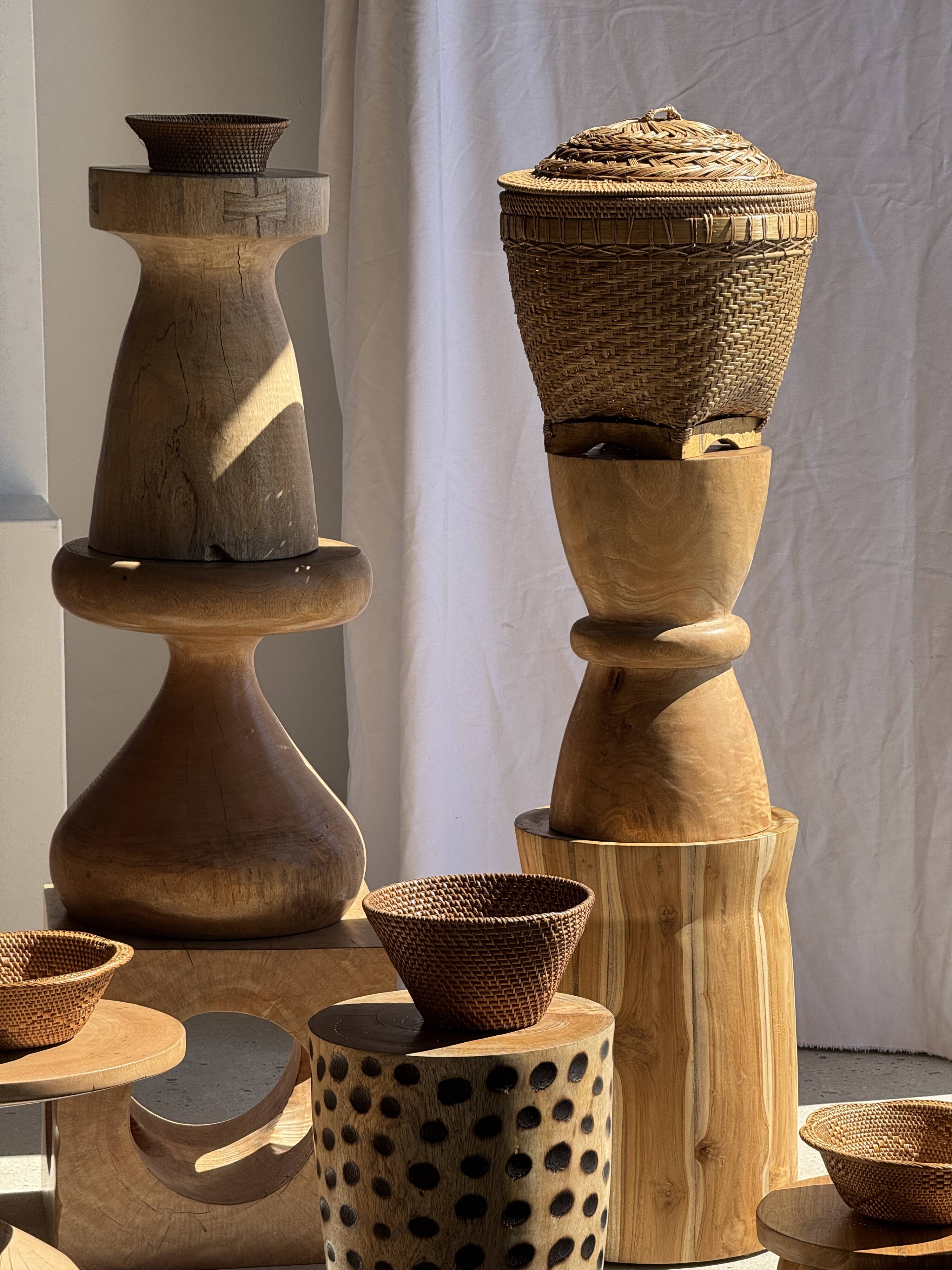 Stool, side table, cylindrical solid mango wood end table.