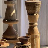 Stool, side table, cylindrical solid mango wood end table.