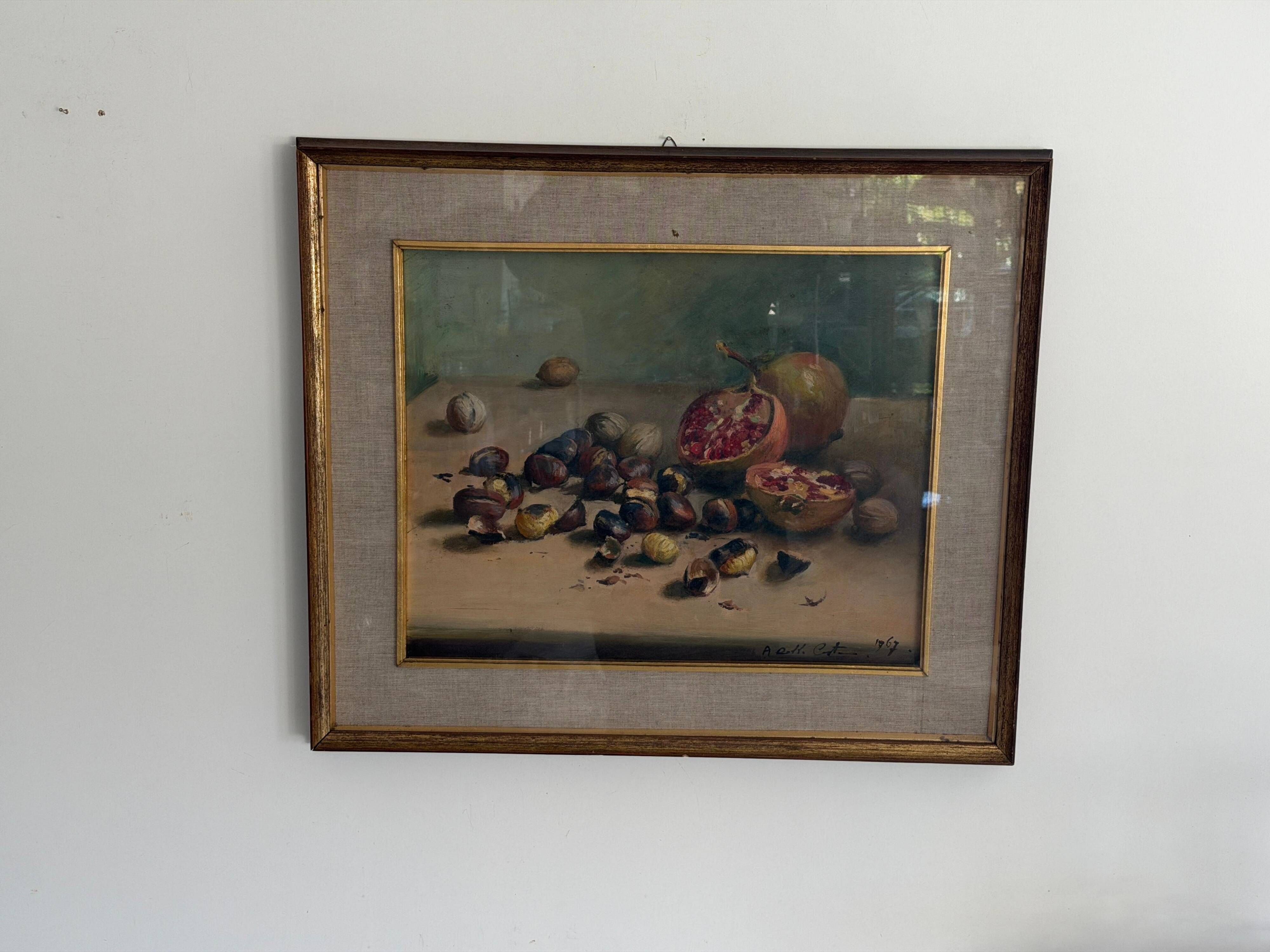 Still life with pomegranates and walnuts Oil painting on canvas signed, 1967, Italy
