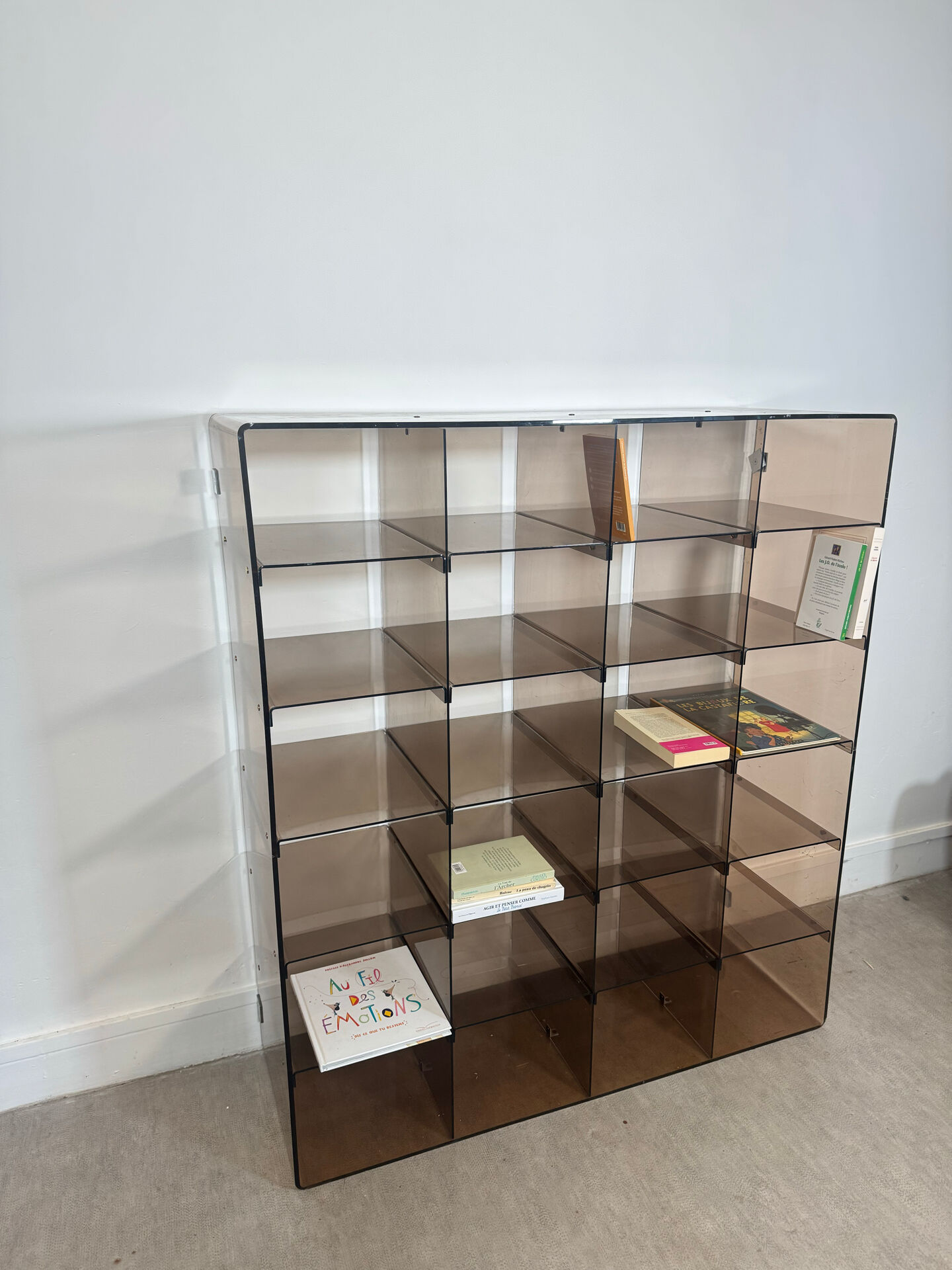Shelf - library with 24 smoked plexiglass compartments by Michel Dumas