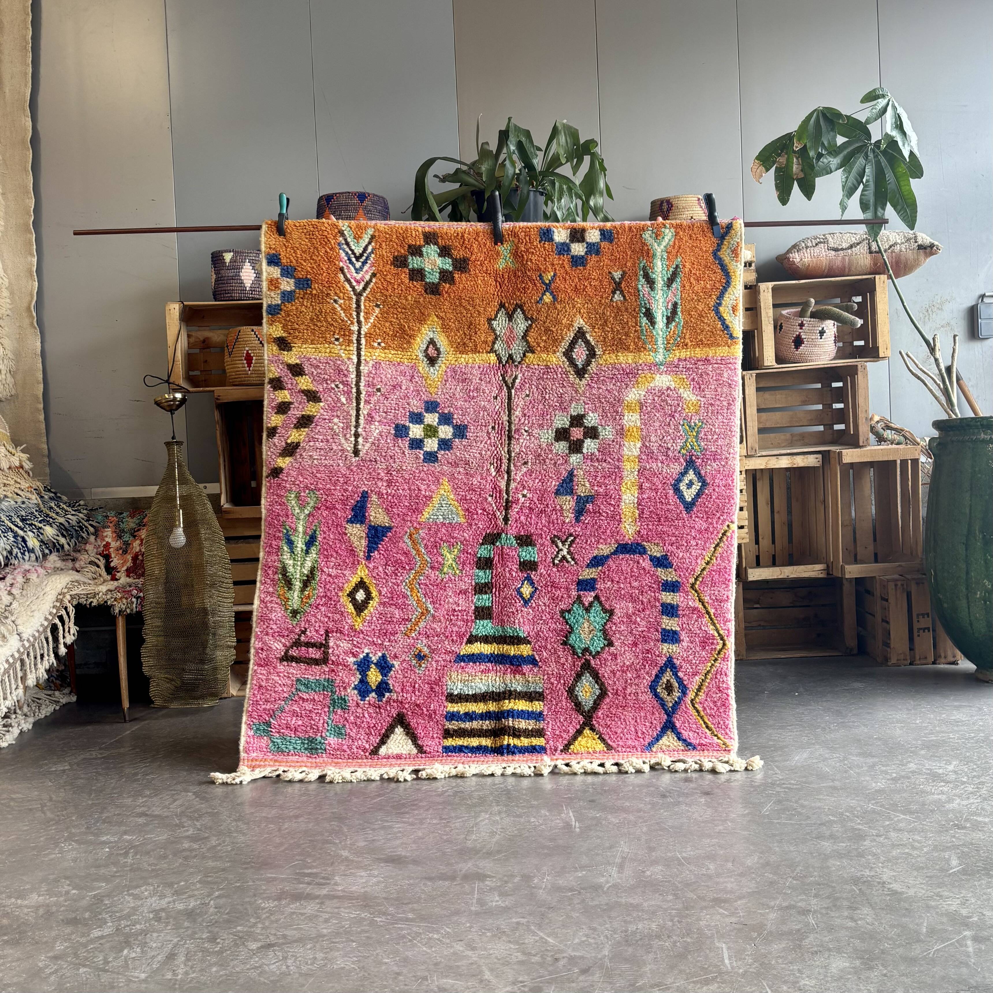 Boho chic Moroccan pink wool rug