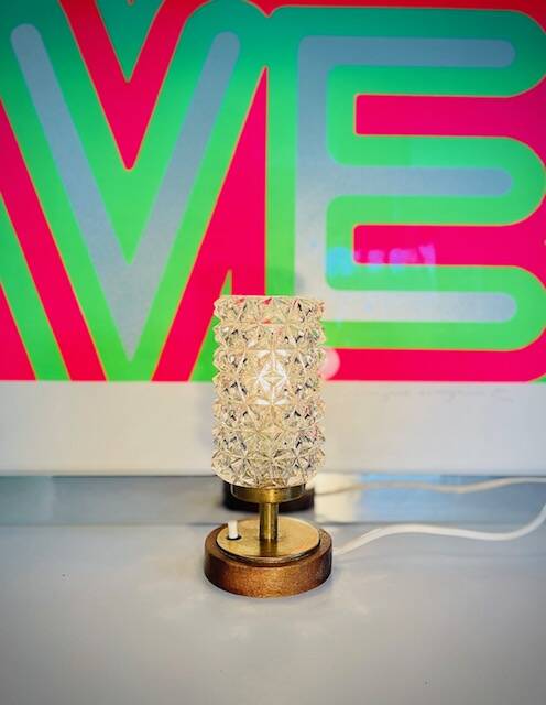 Vintage Mid-Century Scandinavian lamp in wood, brass, and pressed glass with spikes.