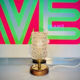 Vintage Mid-Century Scandinavian lamp in wood, brass, and pressed glass with spikes.