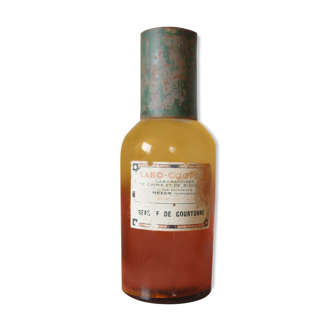 Old amber pharmacy bottle green metal lid