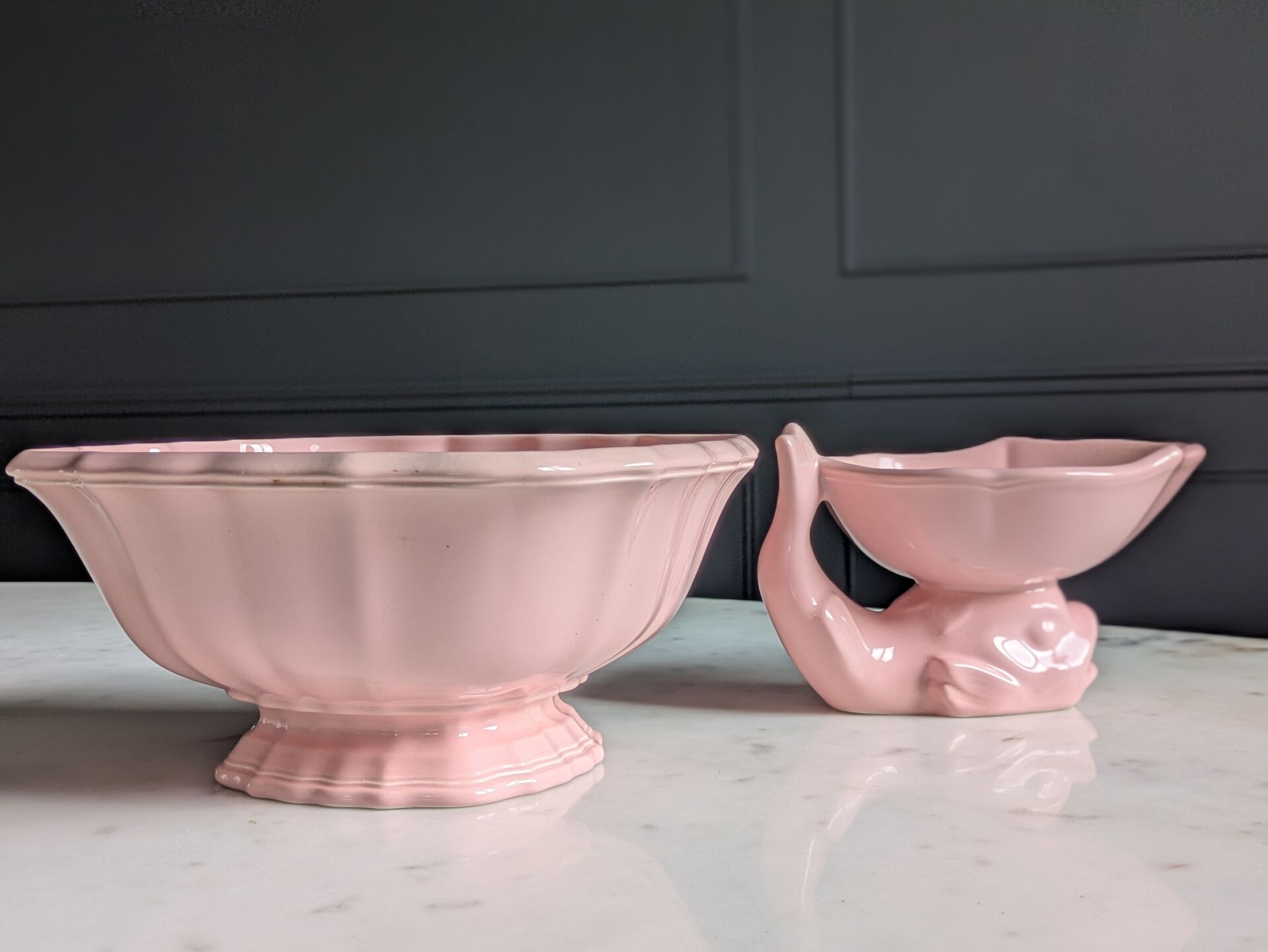Vintage powder pink earthenware duo. Salins les Bains. 1950s.