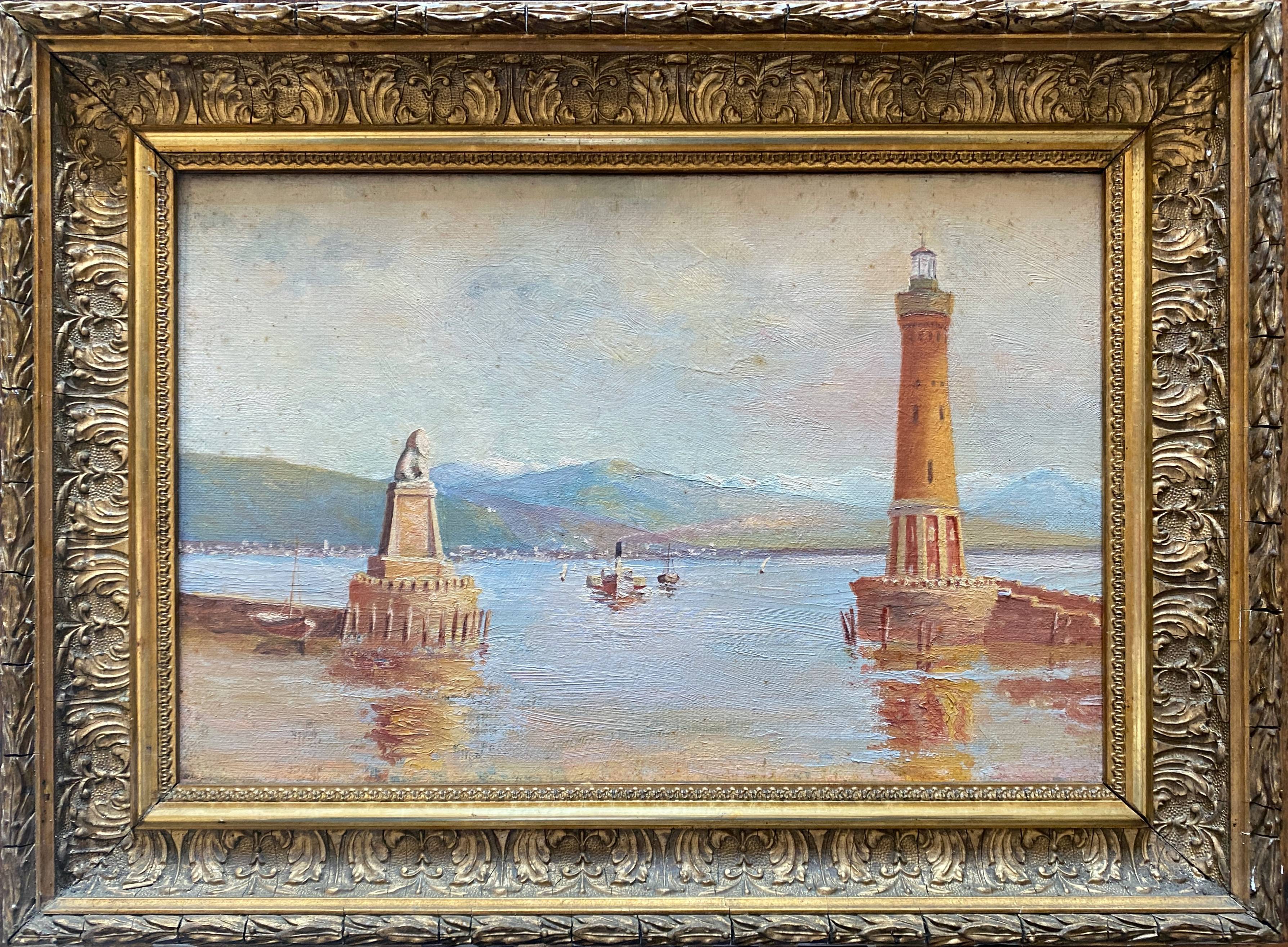 HST XIX° painting "Marine with lighthouse and boats" Italian Orientalist style + frame
