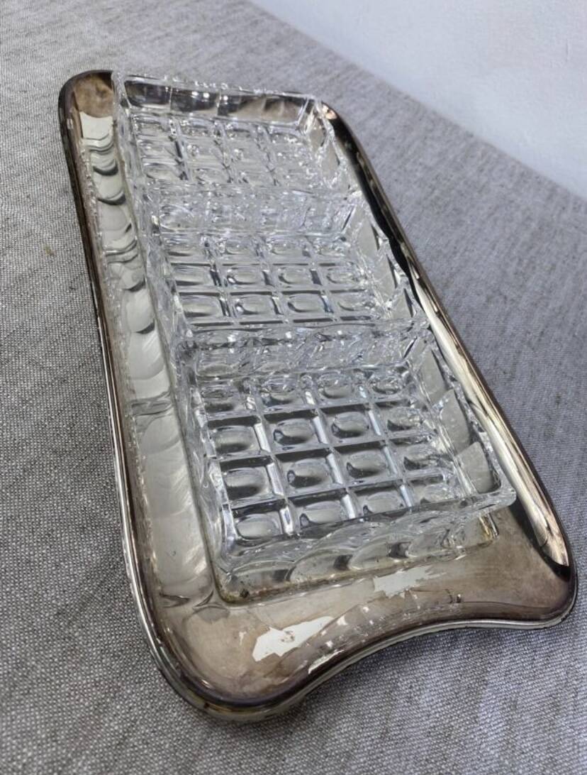 Silver-plated metal and glass hors d'oeuvre tray