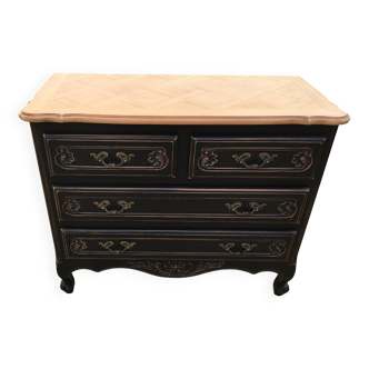 Louis XV style chest of drawers with black patina and natural wood top