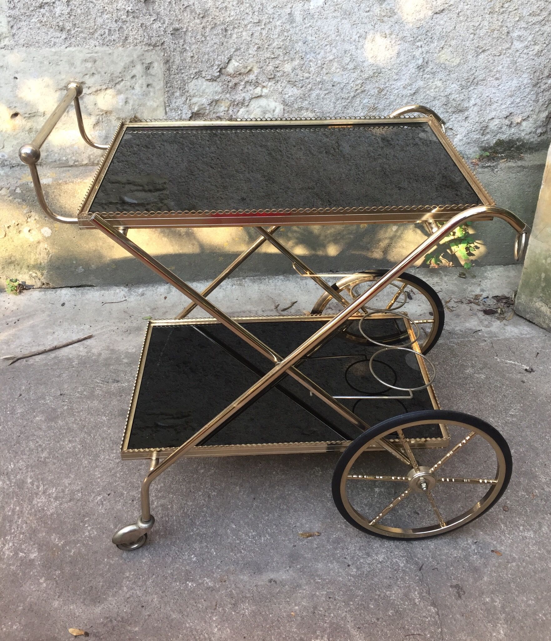 Rolling serving table glass and brass