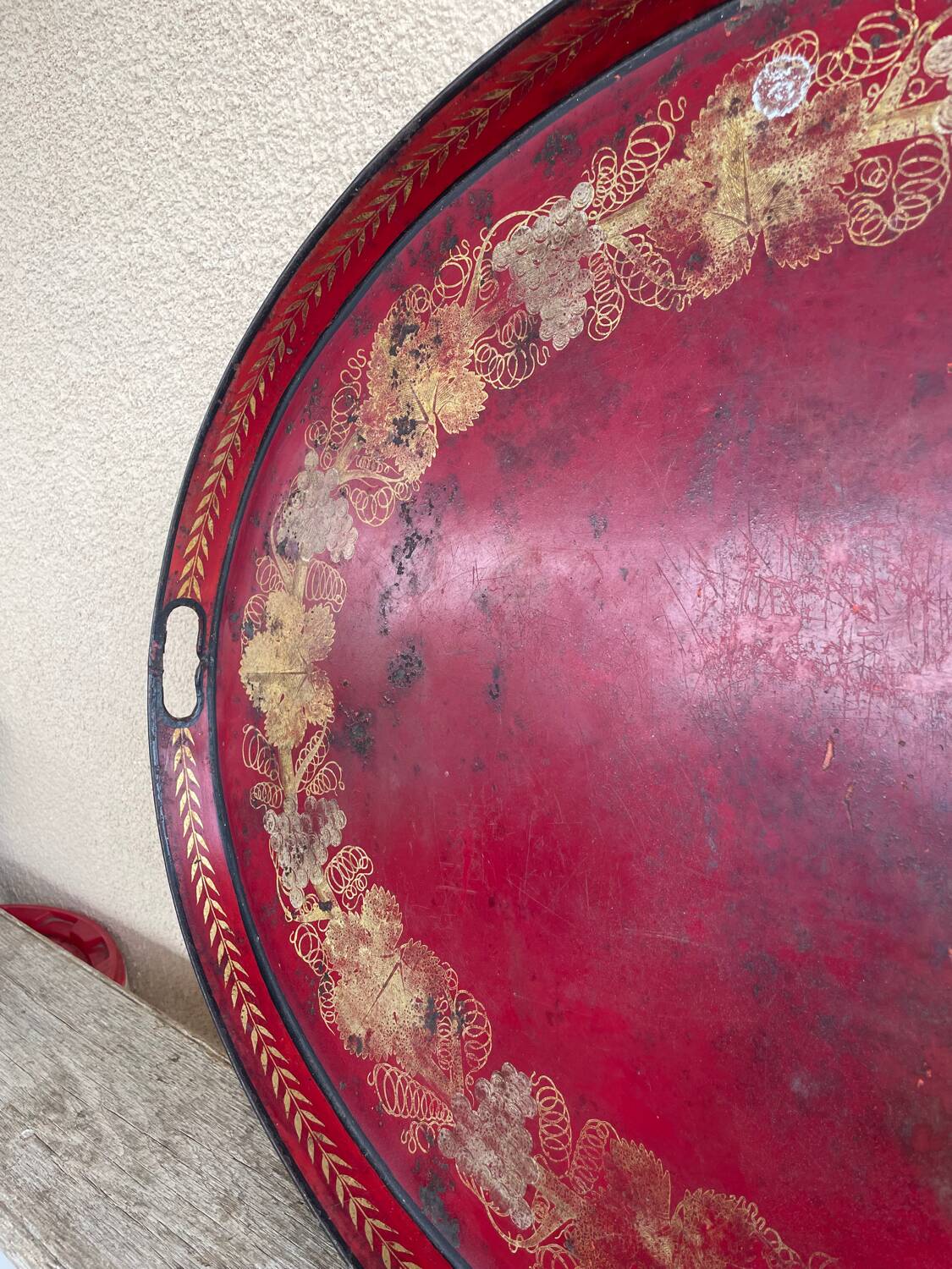 Large Red Lacquered Sheet Metal Serving Tray. Empire Period.