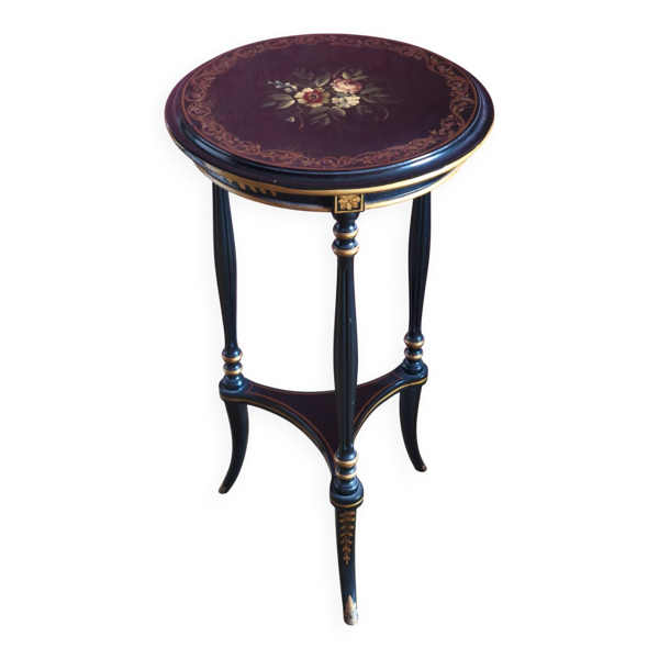 Sellette tripode bois noirci décor floral peint