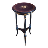 Sellette tripode bois noirci décor floral peint