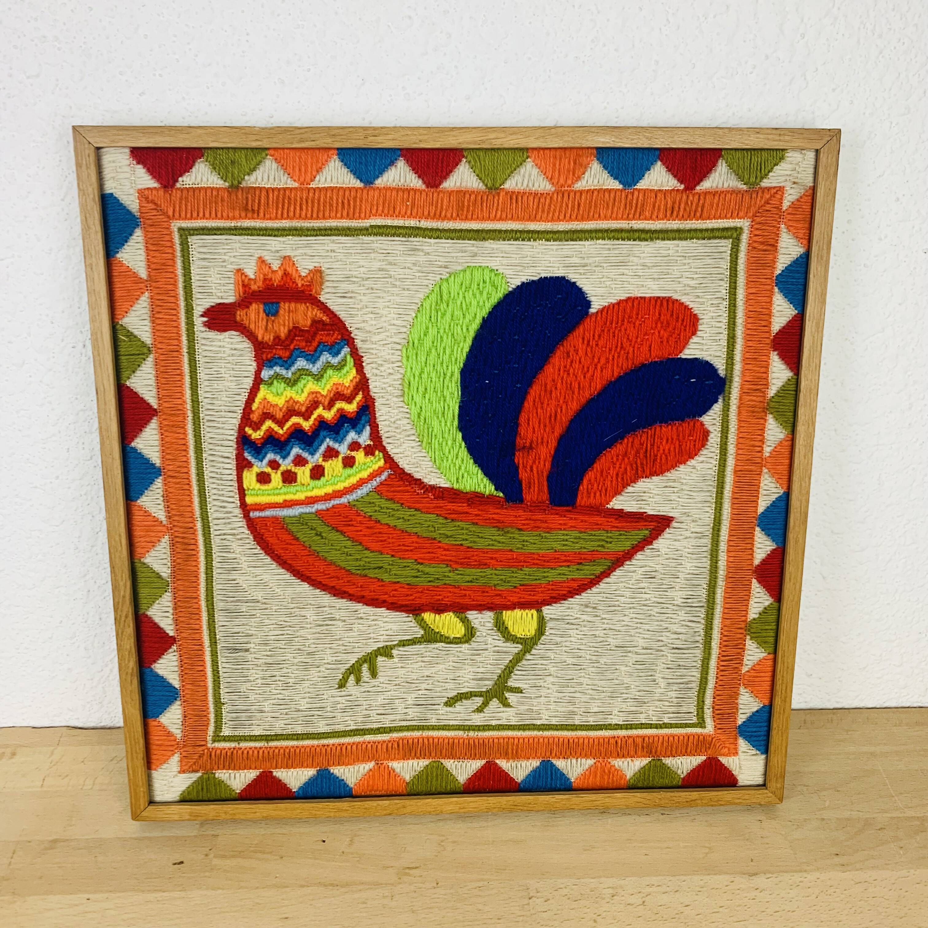 70s rooster tapestry, wooden frame