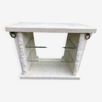 Vintage display console in Mactan travertine stone and plaster with 2 beveled glass shelves.