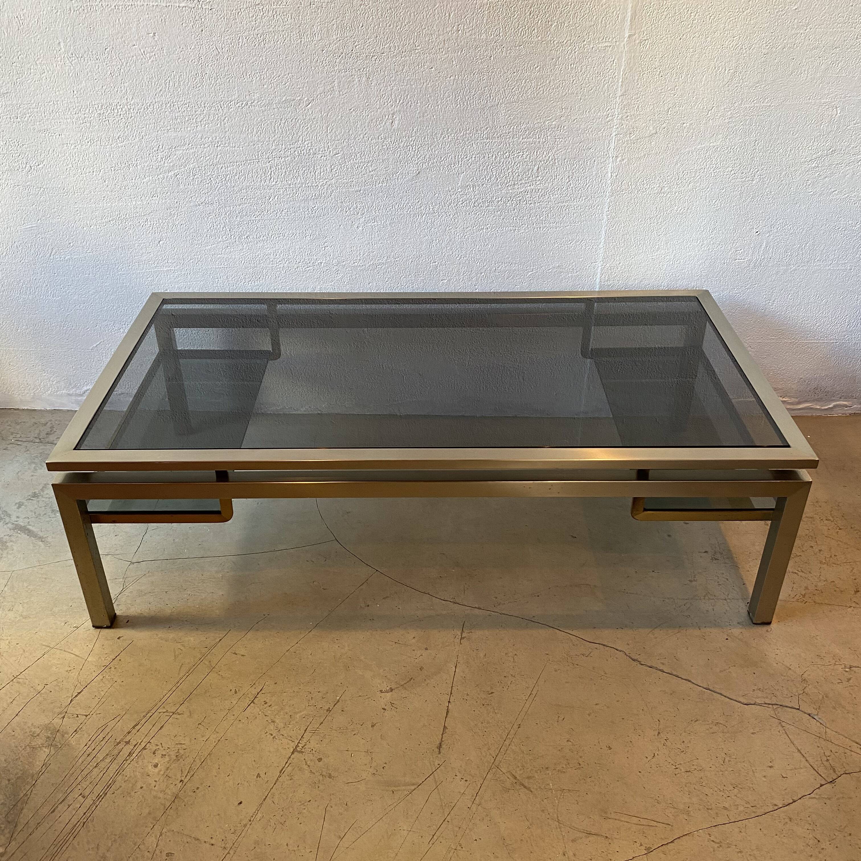 Guy Lefèvre Coffee Table for Maison Jansen, Brushed Steel and Brass