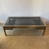 Guy Lefèvre Coffee Table for Maison Jansen, Brushed Steel and Brass