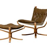Sigurd Ressell Falcon Chair with Ottoman in brown leather for Vatne Møbler
