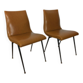 Pair of 1950s chairs with compass legs and brown faux leather.