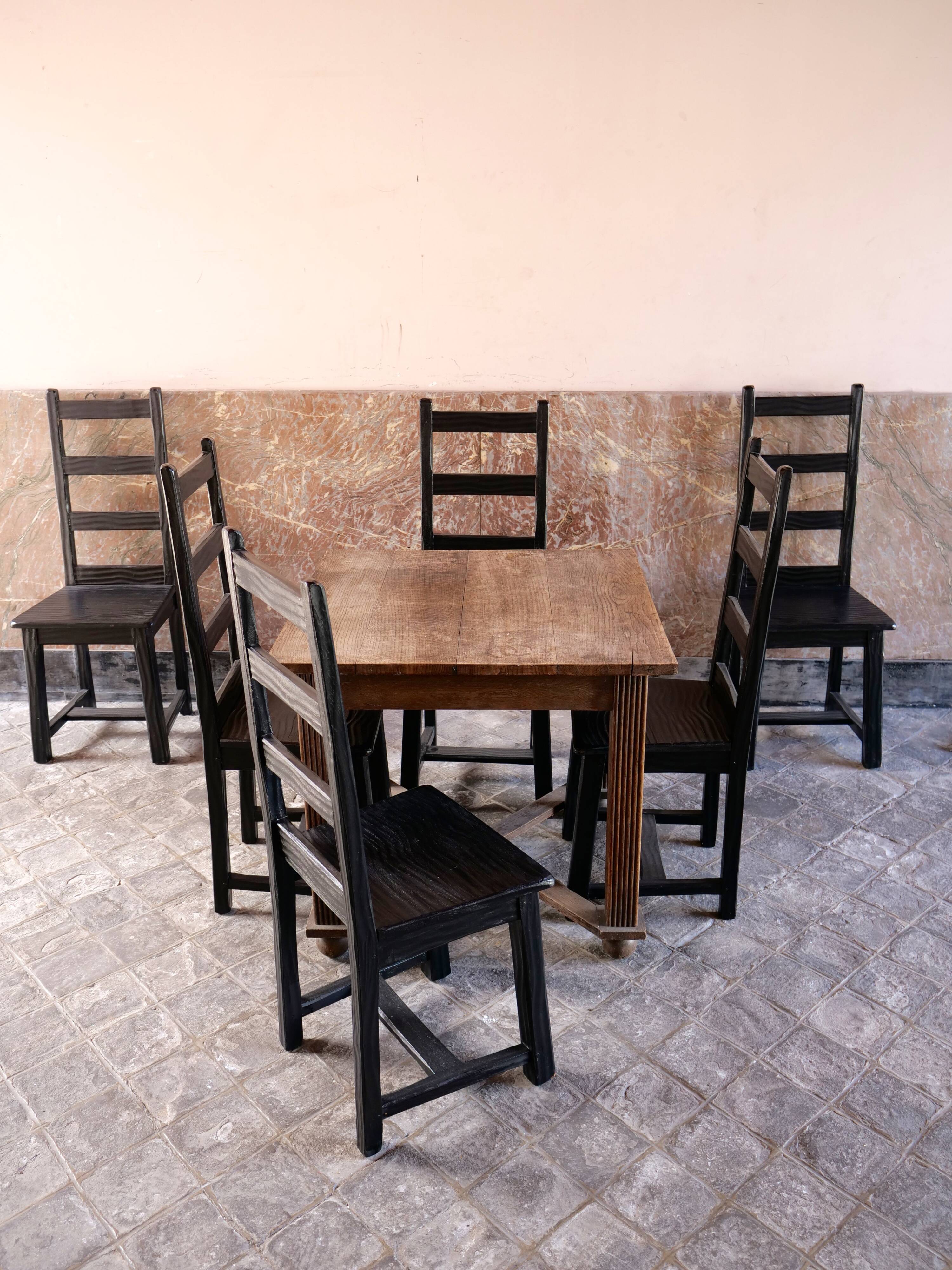 Set of 6 black brutalist chairs in solid oak