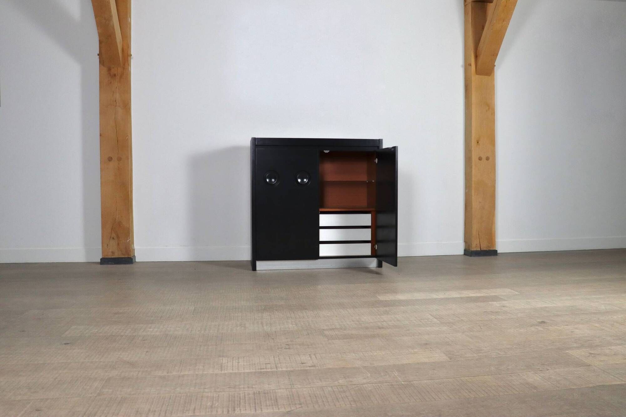 Midcentury Modern Brutalist Highboard Bar Cabinet In Black Lacquered Wood And Chrome, Belgium 1970s